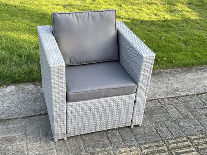 8-seater rattan garden furniture set, including a 3-seater sofa, 2 armchairs, and a coffee table in light grey.