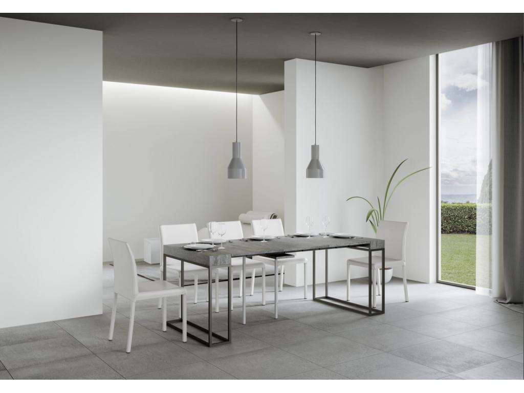 Meubiana extendable console table in wood and 3 anthracite steel legs - Cement Grey color - 4-leg support - 5 slim extensions