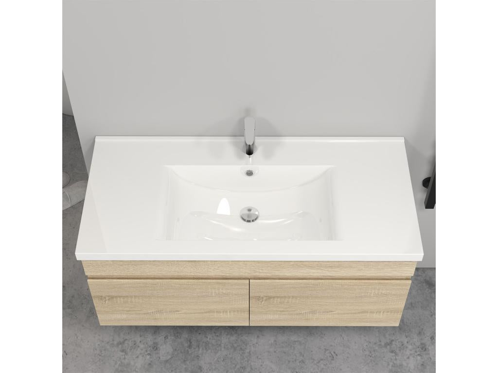 99x45x40cm (LxWxH) Natural bathroom vanity unit with 2 doors and a wall-hung sink by Meubiana