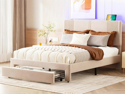 Upholstered double bed in velvet 140x200cm - with LED and USB charging port - with a large drawer - Beige