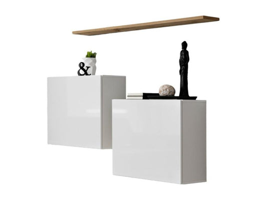 SWITCH SBI living room furniture set in glossy white and Homzora oak shelf.
