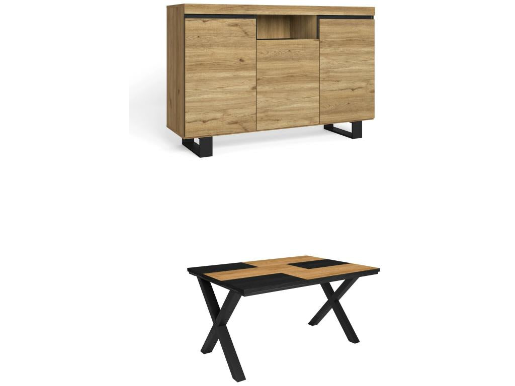 Living room furniture set: 140cm two-tone table with legs, seats 6; 140cm tall sideboard/buffet in oak and black, industrial style