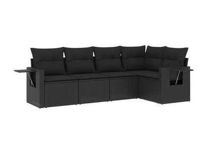 5-piece garden furniture set with cushions, black woven resin