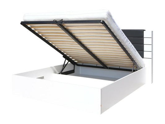 Homzora bed, size 180 cm, white and glossy black with storage and faux leather finish