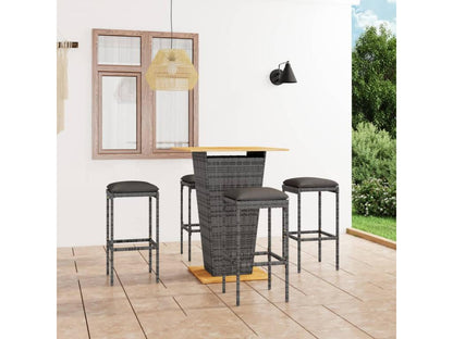 5-piece garden bar set and cushions, grey woven resin