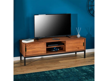 Homzora TV stand, 145 cm TV bench in an industrial vintage design style with 2 sliding doors in solid pine, dark brown stained