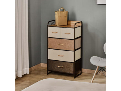 Chest of drawers with 5 foldable fabric drawers, 58x29x99 cm, brown
