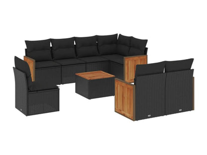 9-piece garden furniture set with cushions, black woven resin