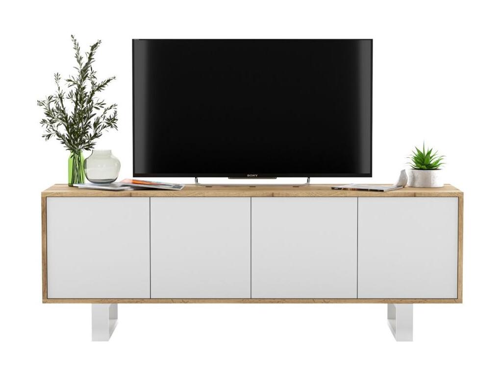 TV stand with 4 doors - Meubiana oak frame, matte white fronts - 150 cm, metal legs