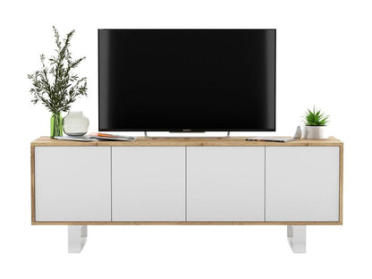 TV stand with 4 doors - Meubiana oak frame, matte white fronts - 150 cm, metal legs