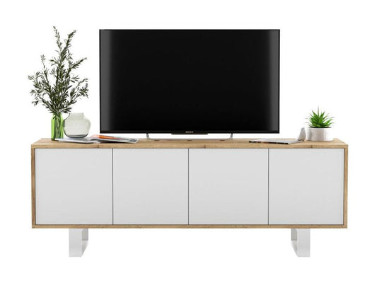 TV stand with 4 doors - Meubiana oak frame, matte white fronts - 150 cm, metal legs