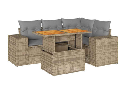 5-piece garden furniture set with cushions, beige woven resin