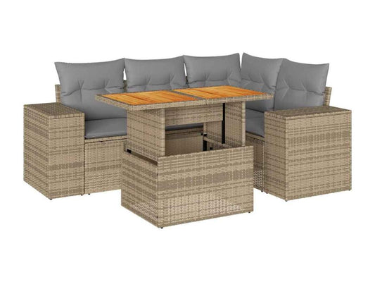 5-piece garden furniture set with cushions, beige woven resin