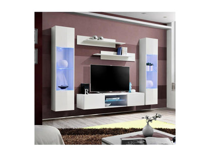 FLY O3 TV unit with LED - White color - Designer wall-mounted unit for your living room.