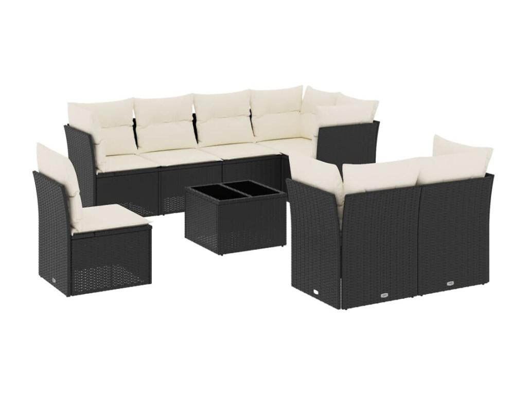 9-piece garden furniture set with cushions, black woven resin
