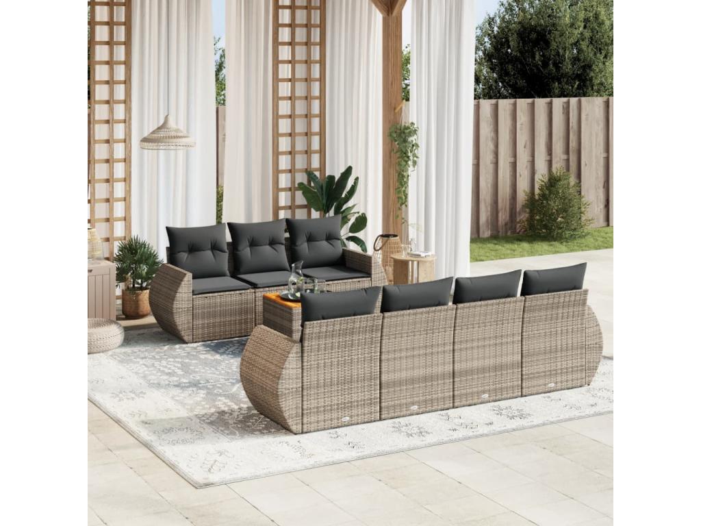 8-piece garden furniture set with grey resin wicker cushions