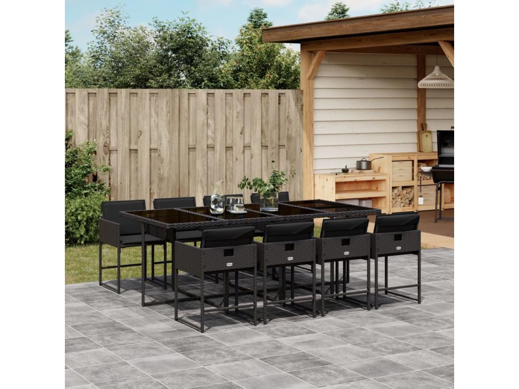 9-piece garden dining set with cushions, black resin wicker