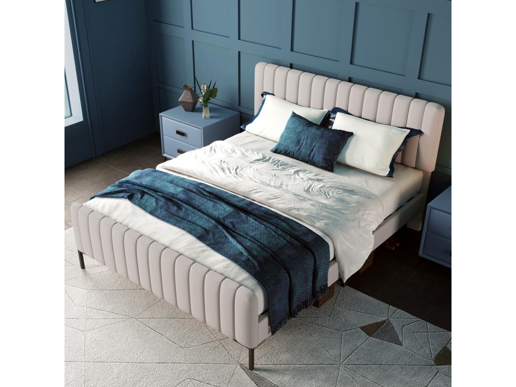 Upholstered adult bed in linen fabric - 160x200 cm - with adjustable headboard and slatted base by Meubiana - Light Grey