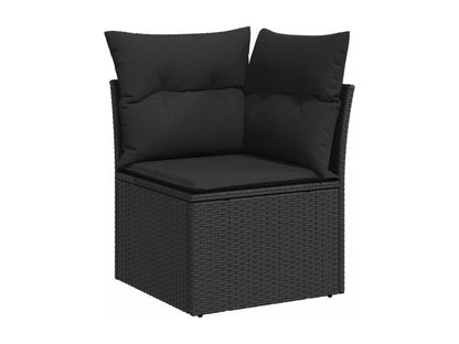 9-piece garden furniture set with cushions, black woven resin