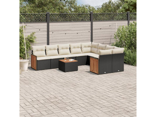 10-piece garden furniture set with cushions, black woven resin