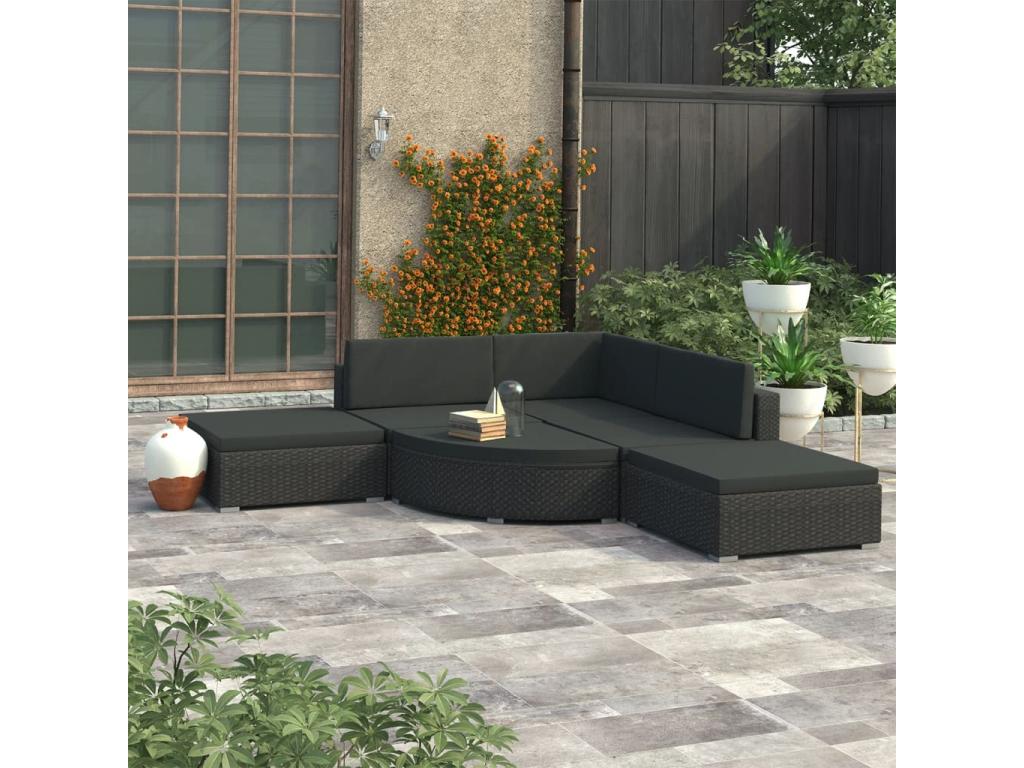6-piece garden furniture set with cushions, black woven resin