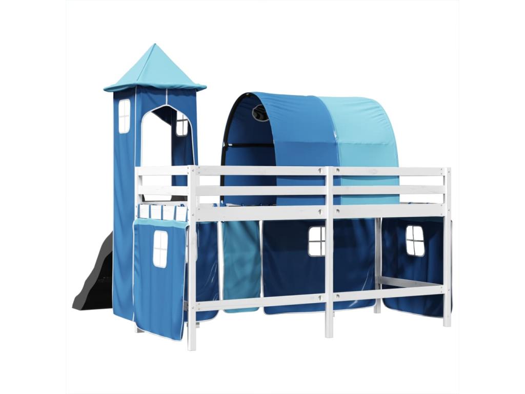 Children's loft bed with blue tower, 90x190 cm, solid pine wood