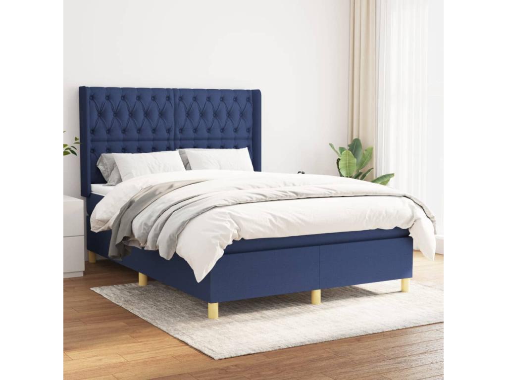 Upholstered bed base with mattress, blue, 140x200 cm, fabric