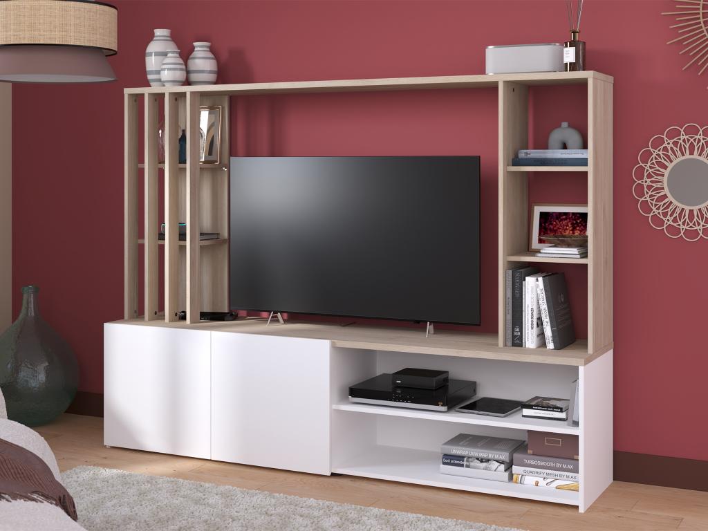 TV wall unit with storage - Natural and white - Meubiana