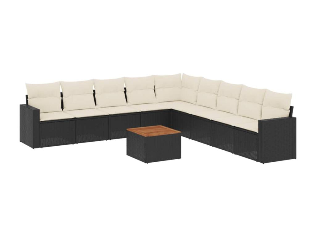 10-piece garden furniture set with cushions, black woven resin