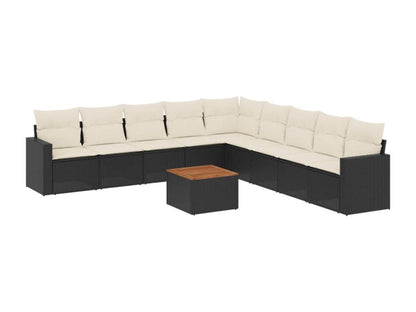 10-piece garden furniture set with cushions, black woven resin