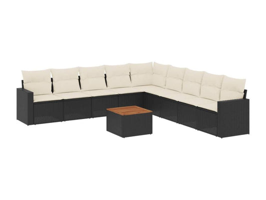 10-piece garden furniture set with cushions, black woven resin