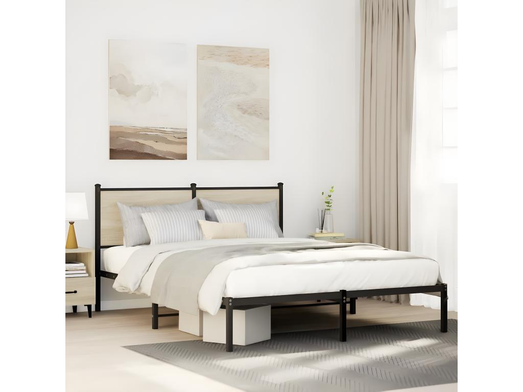 Metal bed frame with oak headboard, Homzora, 150x200 cm
