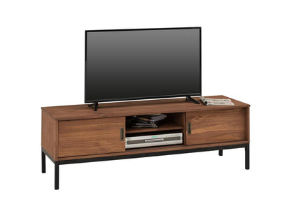 Homzora TV stand, 145 cm TV bench in an industrial vintage design style with 2 sliding doors in solid pine, dark brown stained
