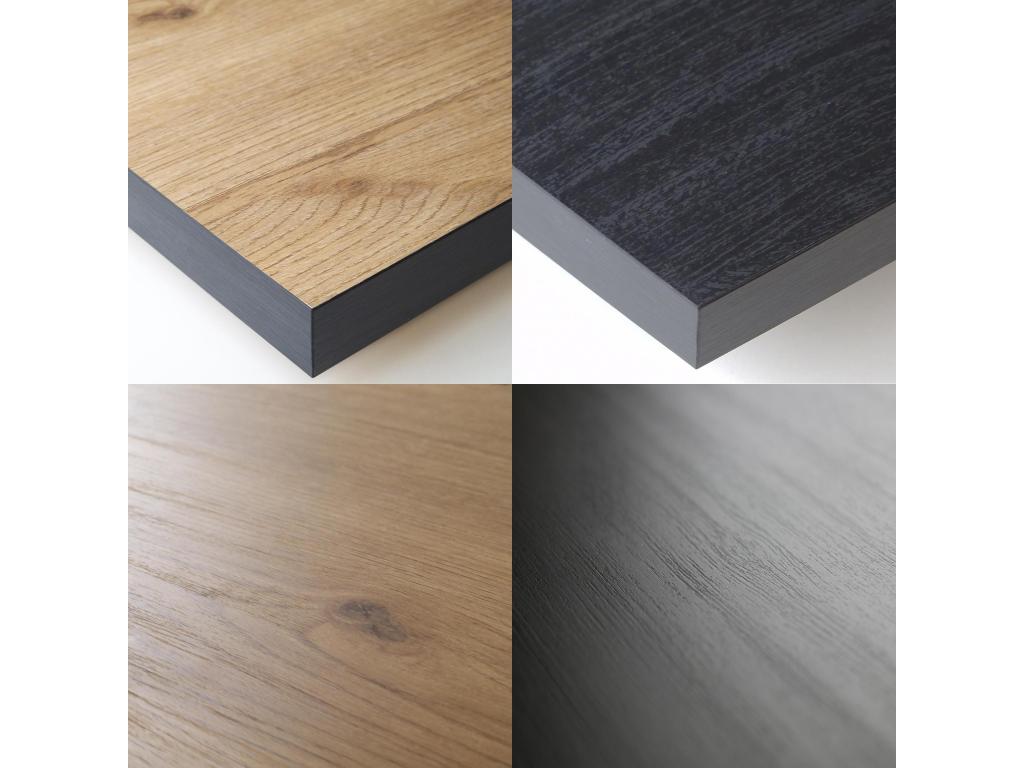 Living room furniture set: 140cm two-tone table with legs, seats 6; 140cm tall sideboard/buffet in oak and black, industrial style