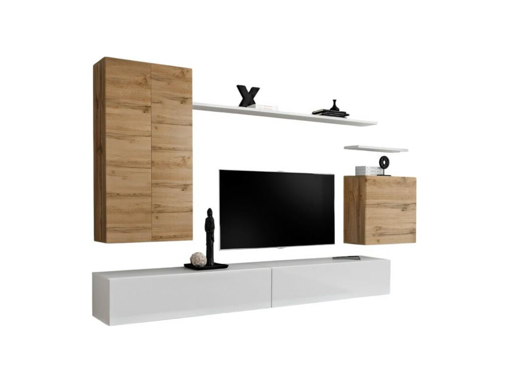 SWITCH II living room furniture set, Meubiana oak and glossy white design.