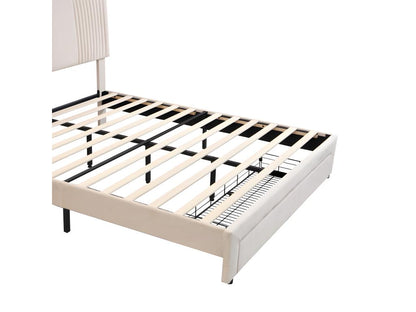 Upholstered double bed in velvet 140x200cm - with LED and USB charging port - with a large drawer - Beige