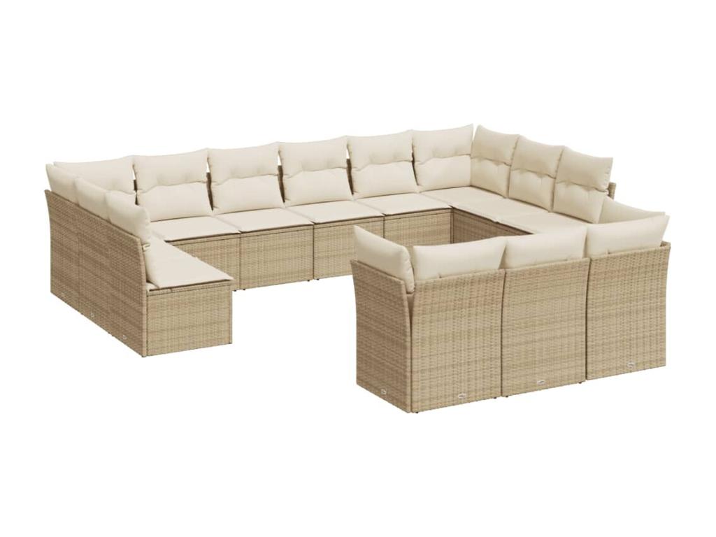 13-piece garden furniture set with cushions, beige woven resin