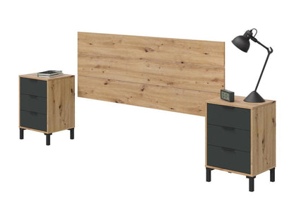 Bedside table bedroom set including headboard and 2 bedside tables with 3 drawers, Damoros 160x2 cm, knot-effect oak and anthracite