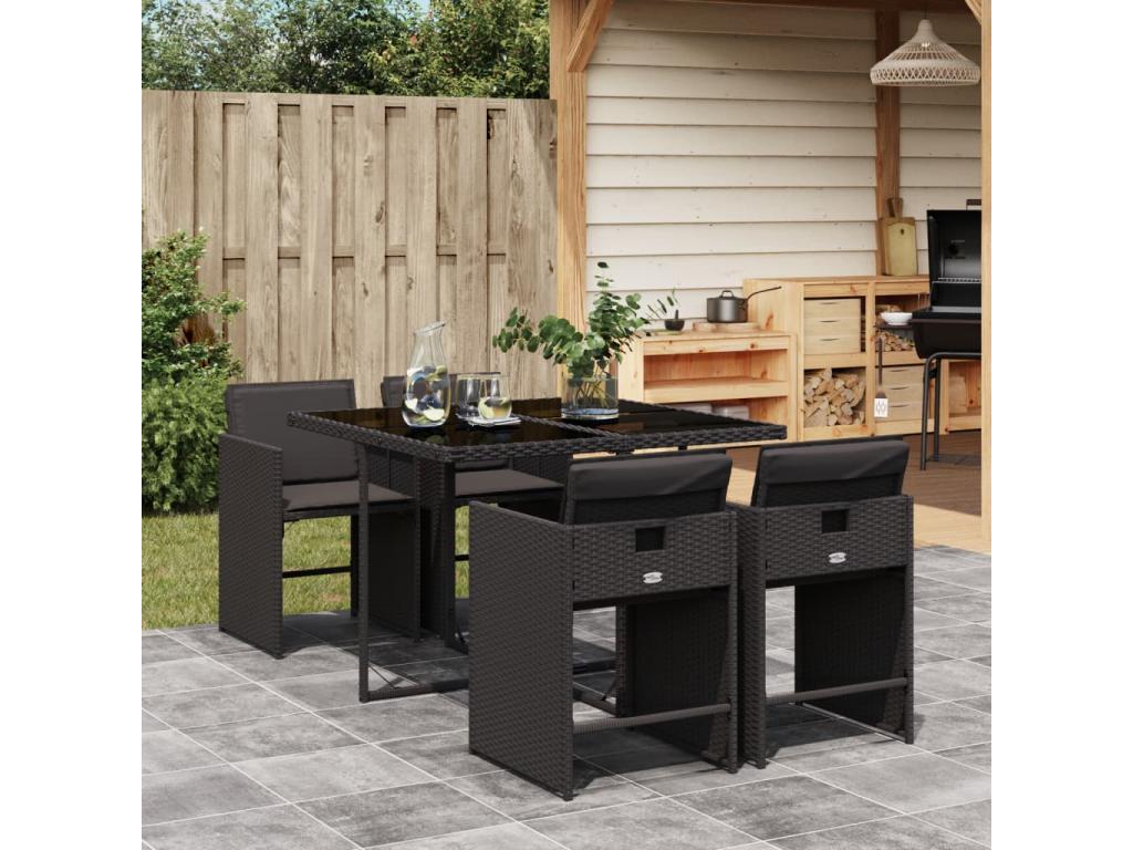 5-piece garden dining set with cushions, black woven resin