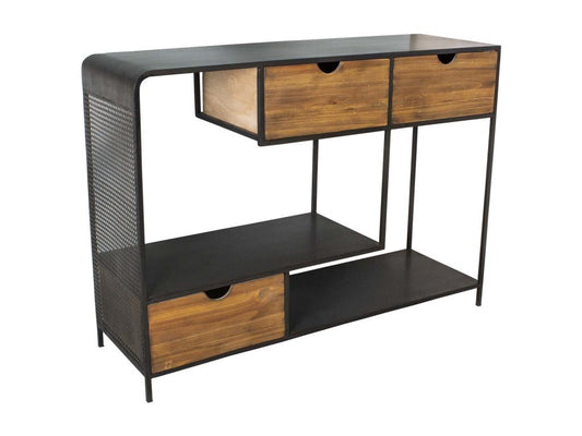 Industrial console table in iron and wood with 3 drawers