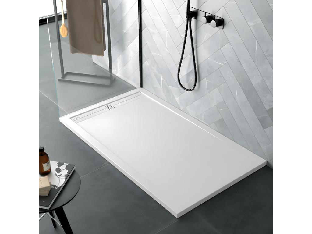 Grey 7035 shower tray with slate finish, Meubiana CACH colored grate - 80x70 cm