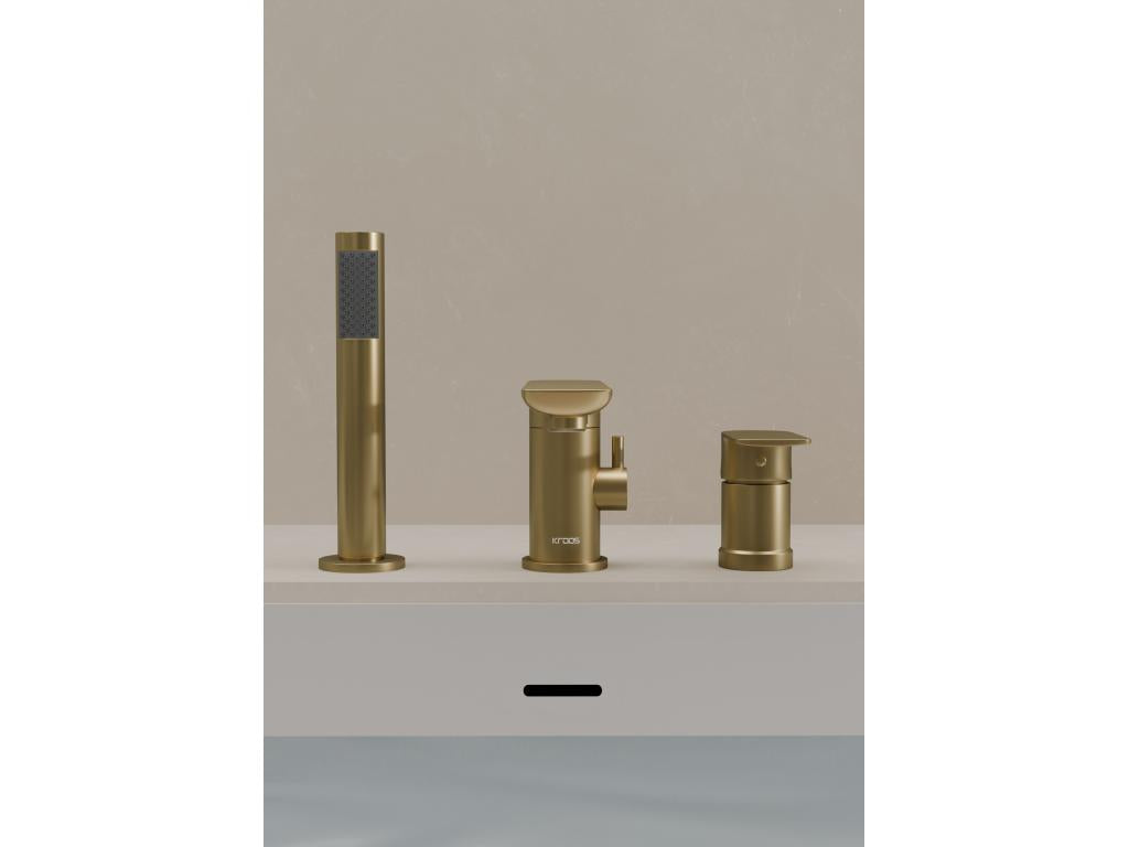 3-hole deck-mounted bath/shower mixer tap, brushed gold - Homzora