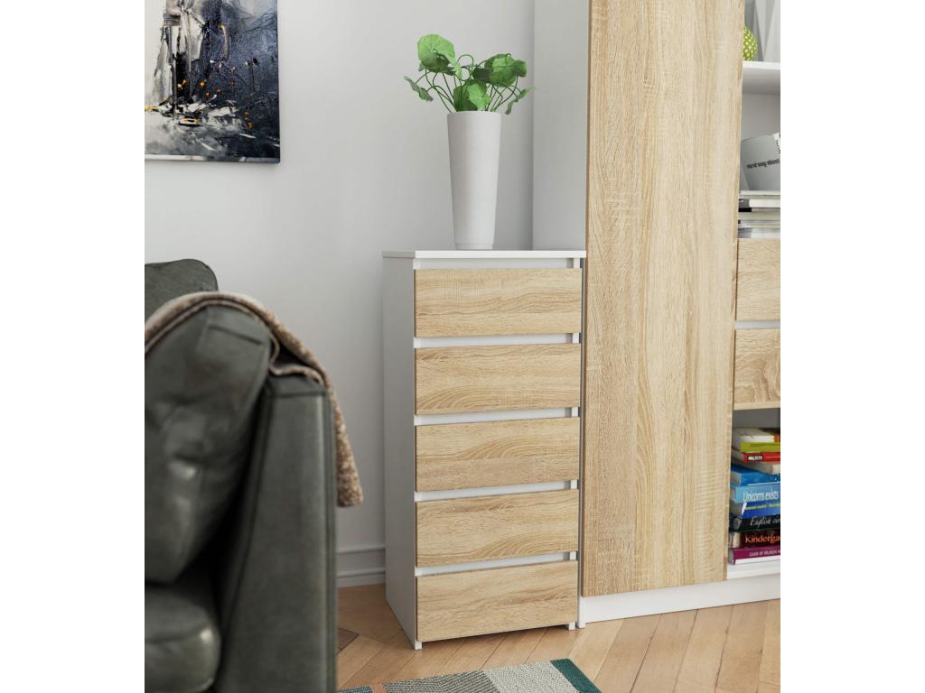 Doucezen CL5 White Chest of Drawers, 40 cm, 5 Drawers, Oak Front, Doucezen, 40x35x92 cm