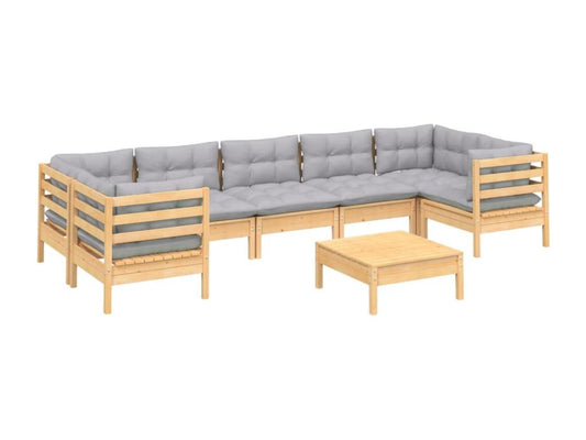 8-piece garden furniture set with grey cushions, pine wood