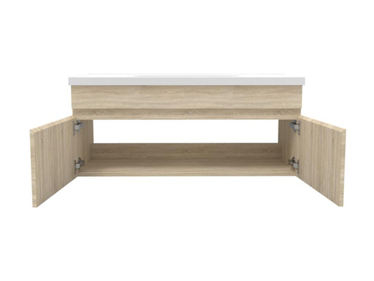 99x45x40cm (LxWxH) Natural bathroom vanity unit with 2 doors and a wall-hung sink by Meubiana