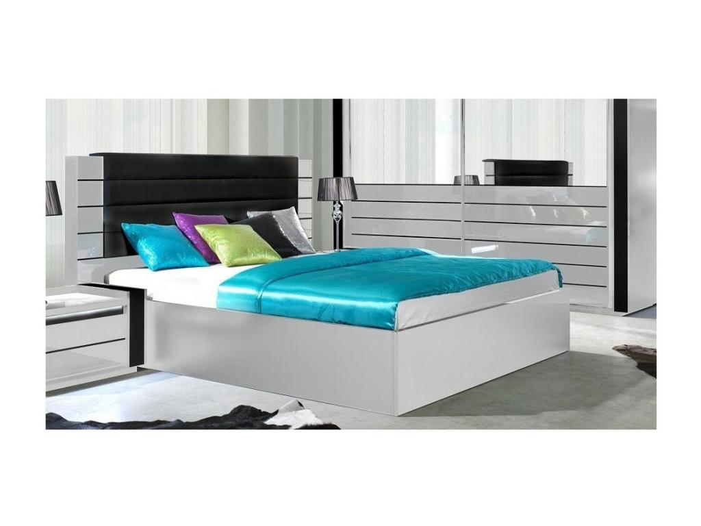 Homzora bed, size 180 cm, white and glossy black with storage and faux leather finish