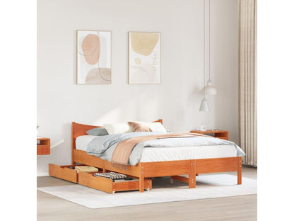 Bed frame with drawers, brown wax finish, 140x200cm, solid pine wood