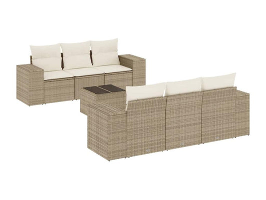 7-piece garden furniture set with cushions, beige woven resin