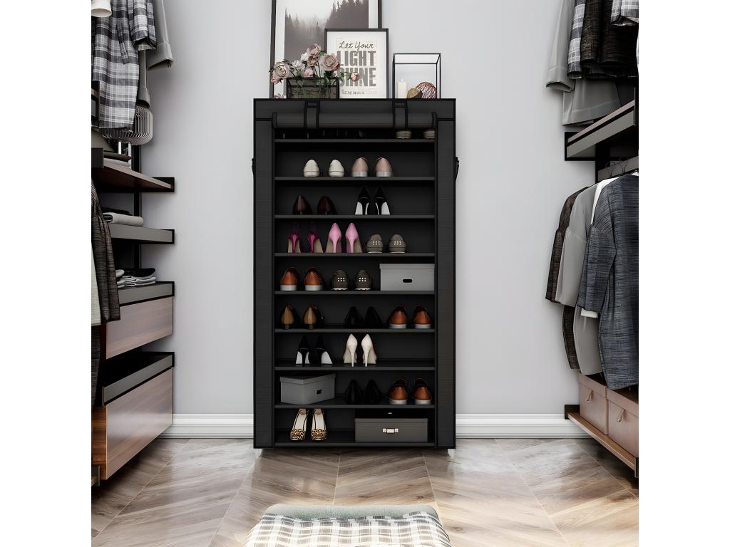 Black 10-tier shoe cabinet with protective cover and zipper - W88 x H160 cm