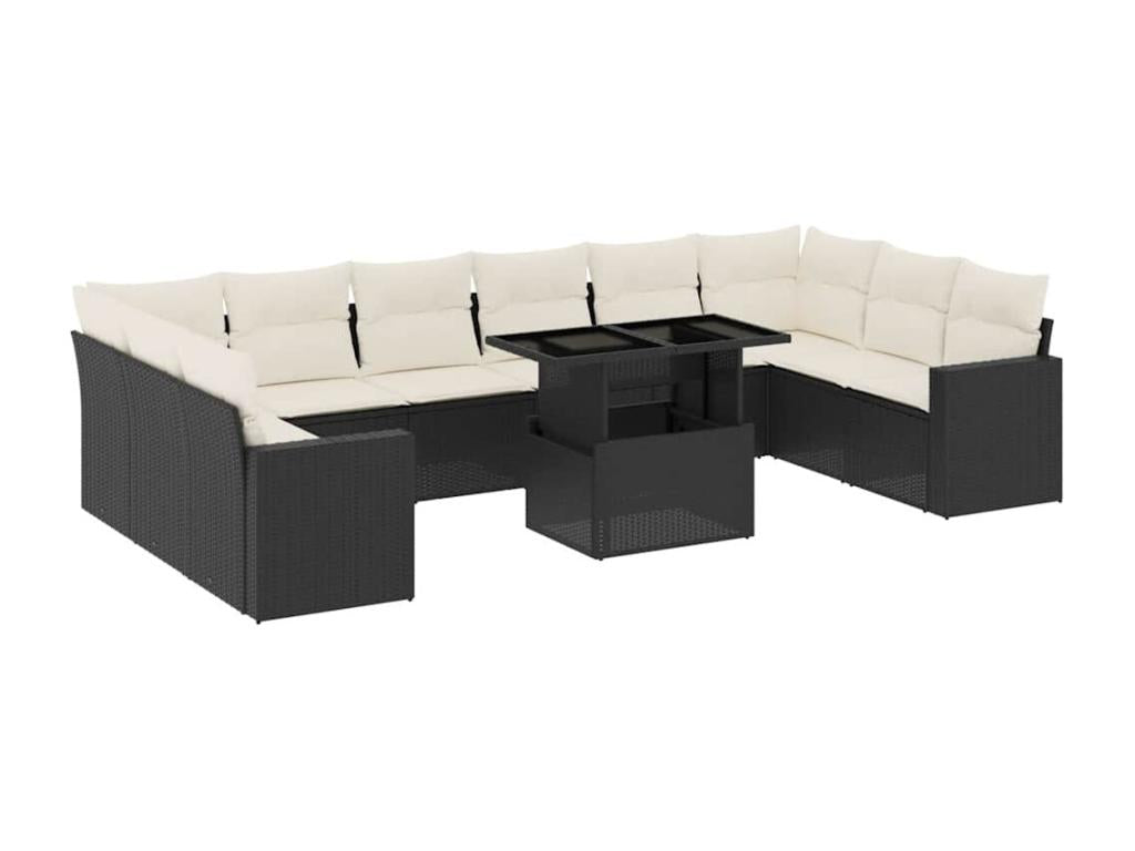 11-piece garden furniture set with cushions, black woven resin